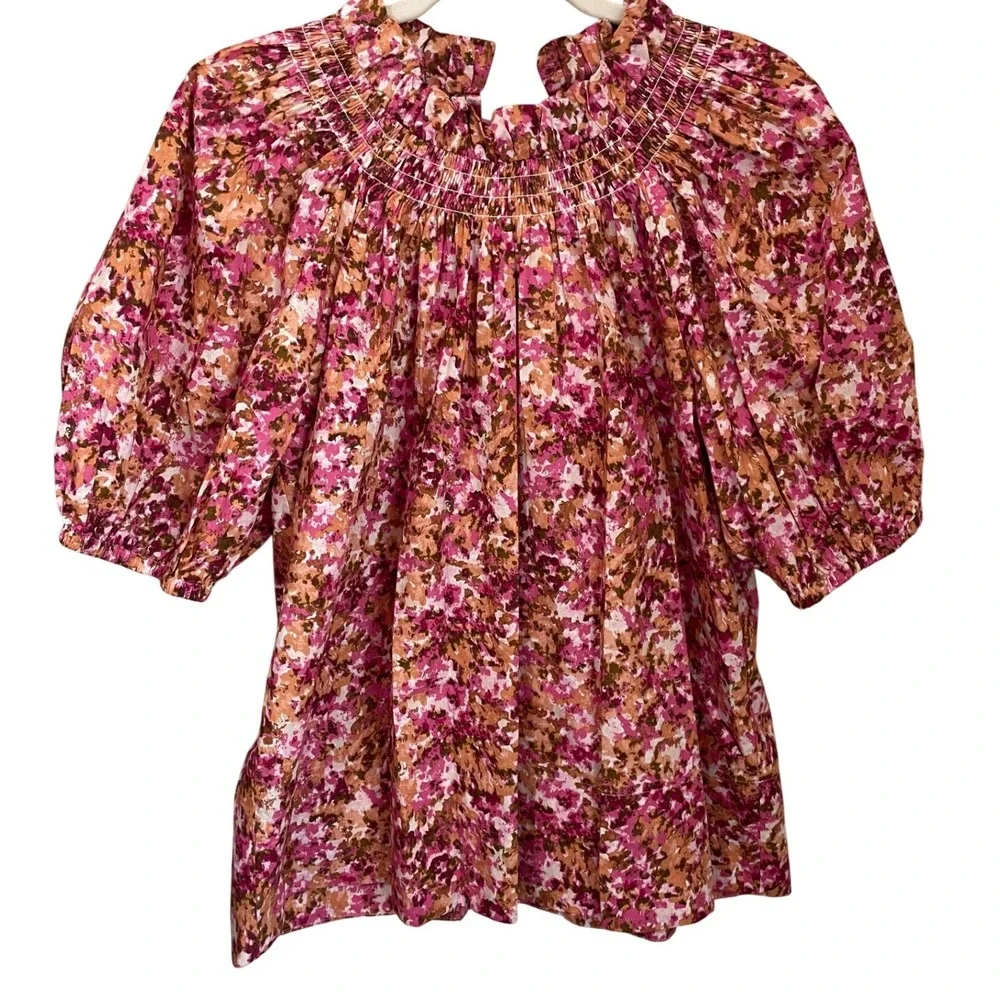 J.Crew Smocked Neck Puff Sleeve Poplin Top Pink Orange Abstract Floral Size M